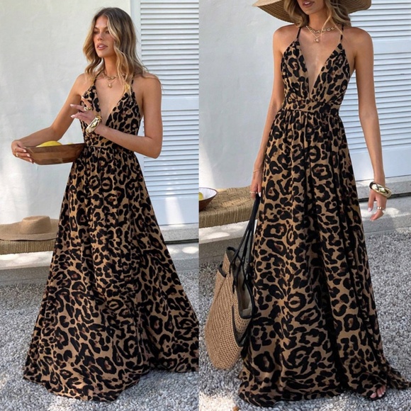 Backless Cheetah Maxi Dress Criss Cross V-Neck - Picture 2 of 16